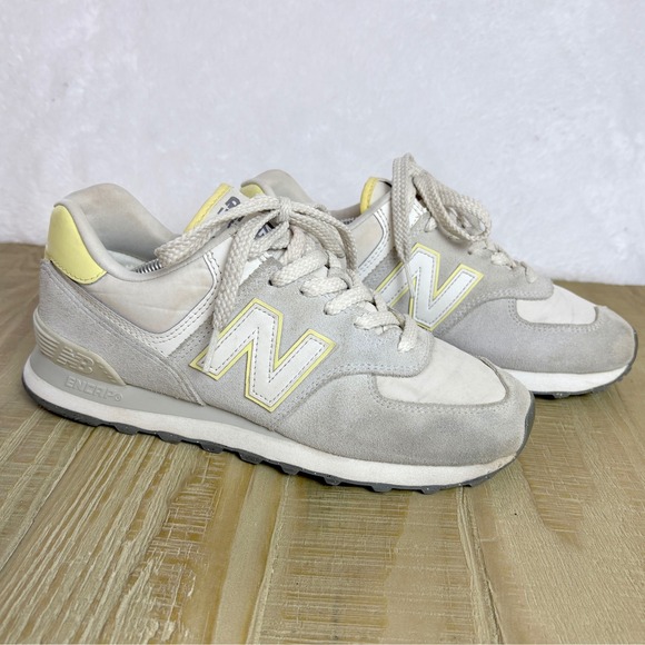 New Balance Shoes - New Balance 574 Sneakers Womens Light Grey Retro Yellow Suede 7.5